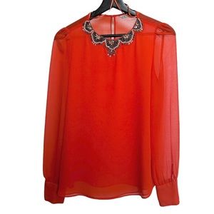 Trafaluc by ZARA beaded collar long sleeve blouse size XS in red orange